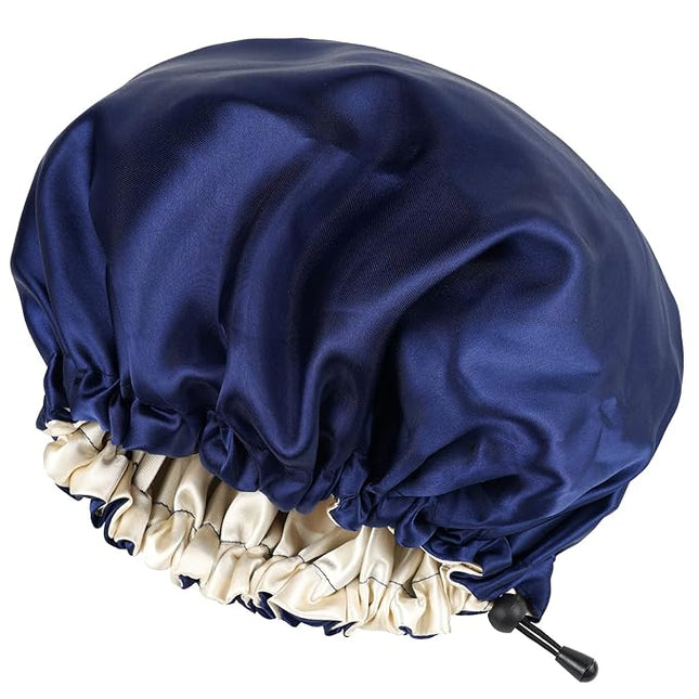CHORHA Satin Sleep Cap, Double-Sided Adjustable Bonnet Cap (Navy)