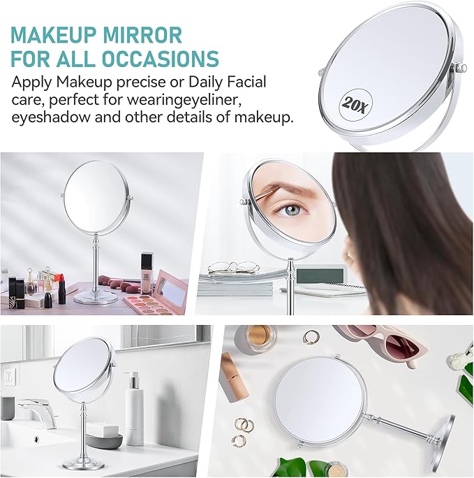 MIYADIVA Magnifying Mirror 20x, Double Sided 1X & 20X Magnifying Mirror on Stand, Large Tabletop Magnified Vanity Mirror, Magnified Mirrors with 360°Rotation for Bathroom or Bedroom,8 Inches