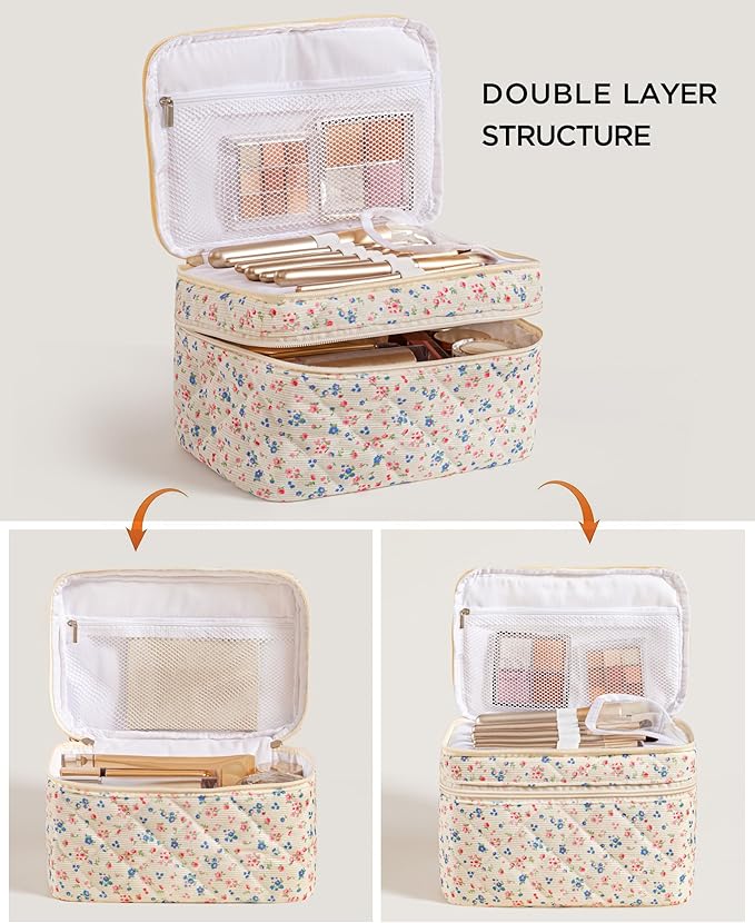 HBselect 2Pcs Travel Makeup Bag, Large Cotton Quilted Makeup Bag Cosmetic Bag Cute Make up Bag Toiletry Bags for Women Girls