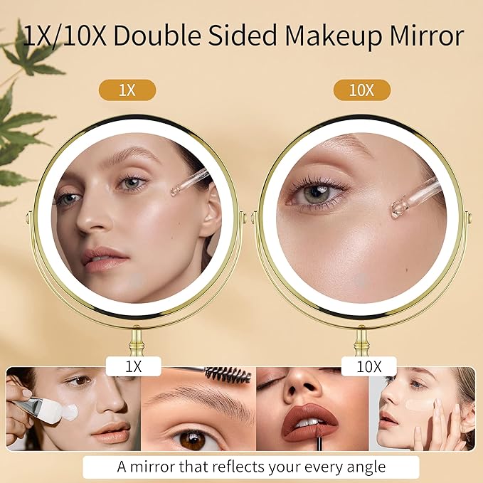 Gold Makeup Mirror with Light 1X/10X Free Standing 8 Inches 360 Swivel Dual-Sided Tabletop Makeup Mirror, Metal