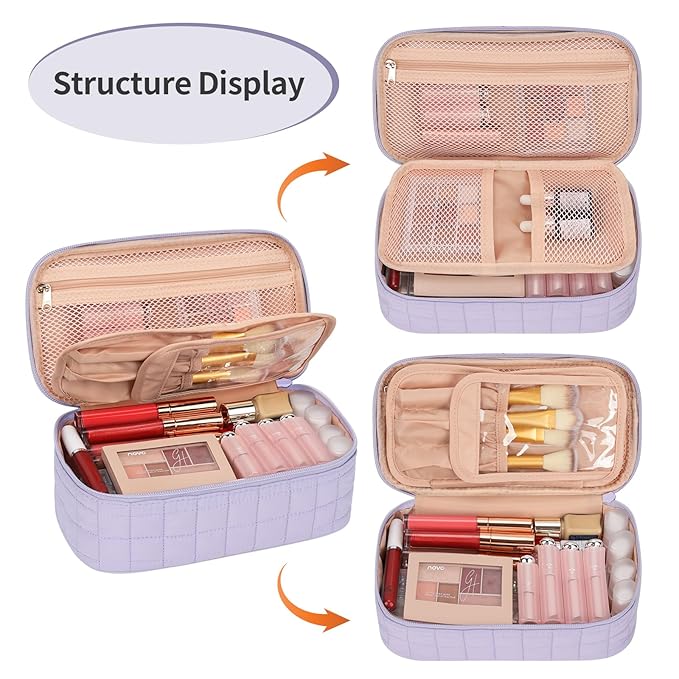 OCHEAL Small Makeup Bag,Portable Cute Travel Makeup Bag Pouch for Women Girls Makeup Brush Organizer Cosmetics Bags with Compartment-Purple