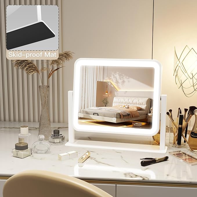 Vanity Mirror with Lights, 14"×12" LED Makeup Mirror, Lighted Makeup Mirror with Lights, Smart Touch Control 3 Colors Dimmable, Lighted Up Mirror for Makeup Desk, Bedroom, 360° Rotation