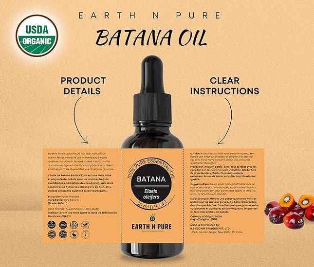 EARTH N PURE Batana Oil 100% Natural and Therapeutic Grade for Hair Growth and Healthy Skin 50 ML