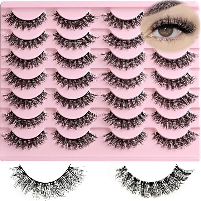 FARRED Natural Lashes Short Eyelashes Wispy False Mink Clear Band & Black Lash Strips Mixed 14 Pair Natural Look Fluffy Cat Eye Strip Eyelash Small Fake Lashes Full Pestañas Set for MUA and Beginners