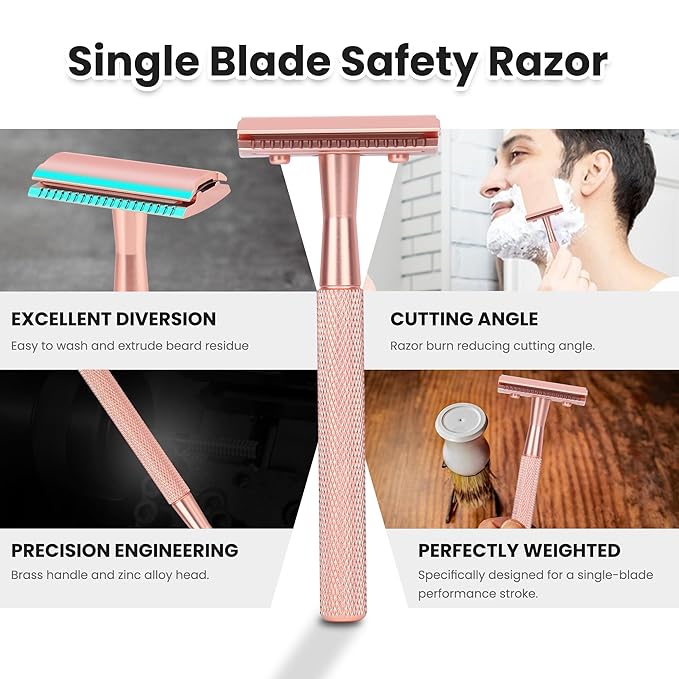 Double Edge Safety Razor For Woman With Stand and 10 Premium Stainless Steel Reusable Safety Razor, Razors For Shaving, Rose Gold