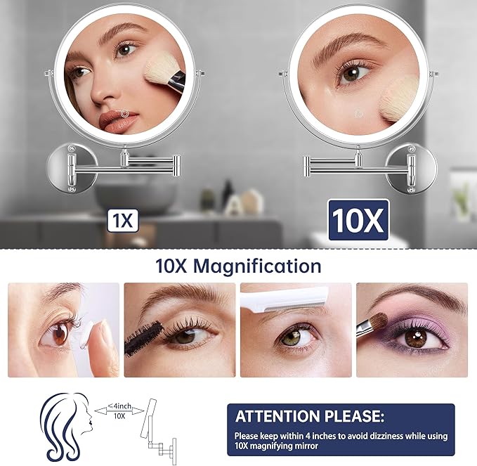 Hasipu 8.5-Inch Wall Mounted Makeup Mirror with Magnification, Rechargeable 2000 mAh Vanity Mirror with Lights, Bathroom Mirror with Dimmable Brightness, 3 Lighting Modes, Extendable Arm, Chrome