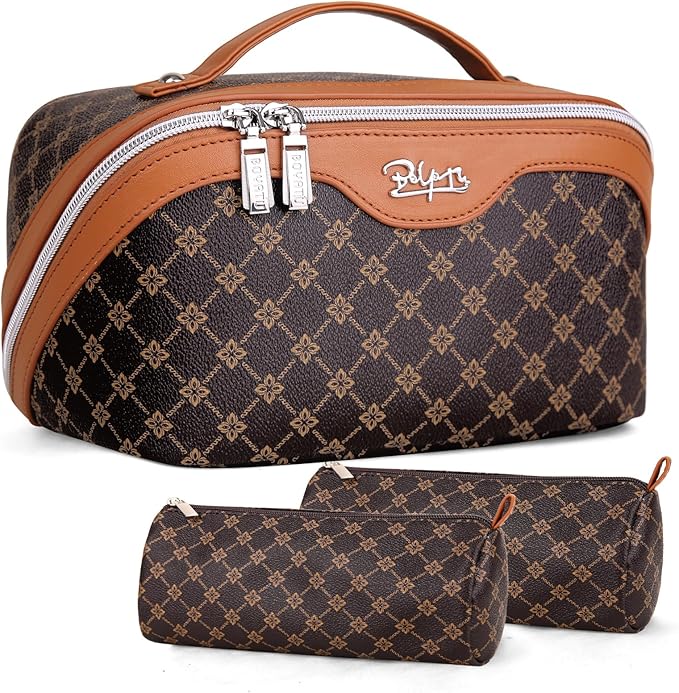 BOYATU Travel Makeup Bag Cosmetic Bags for Women: 3 Pcs Set Large Portable Make up Bag with Handle - Vegan Leather Toiletry Bags with Compartments - Makeup Organizer for Travel Essentials(01-Coffee)