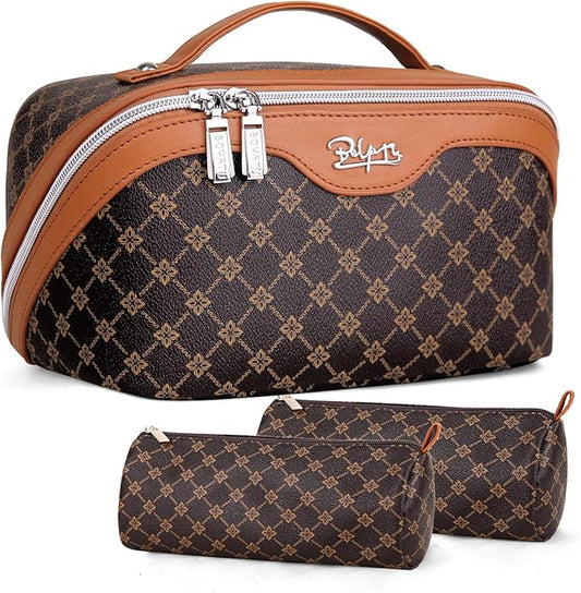 BOYATU Travel Makeup Bag Cosmetic Bags for Women: 3 Pcs Set Large Portable Make up Bag with Handle - Vegan Leather Toiletry Bags with Compartments - Makeup Organizer for Travel Essentials(01-Coffee)