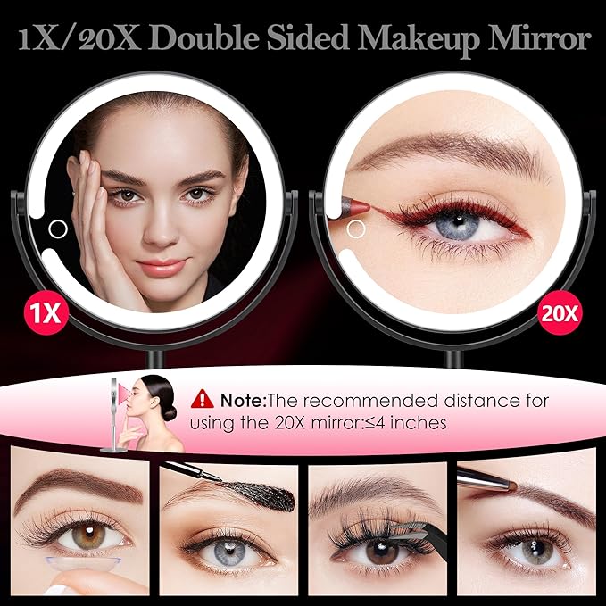 Led Makeup Mirror with Lights, 20X Magnifying Mirror, Rechargeable Magnified Makeup Mirror with 360°Rotation & Height Adjustable, Detachable Vanity Mirror(Black)