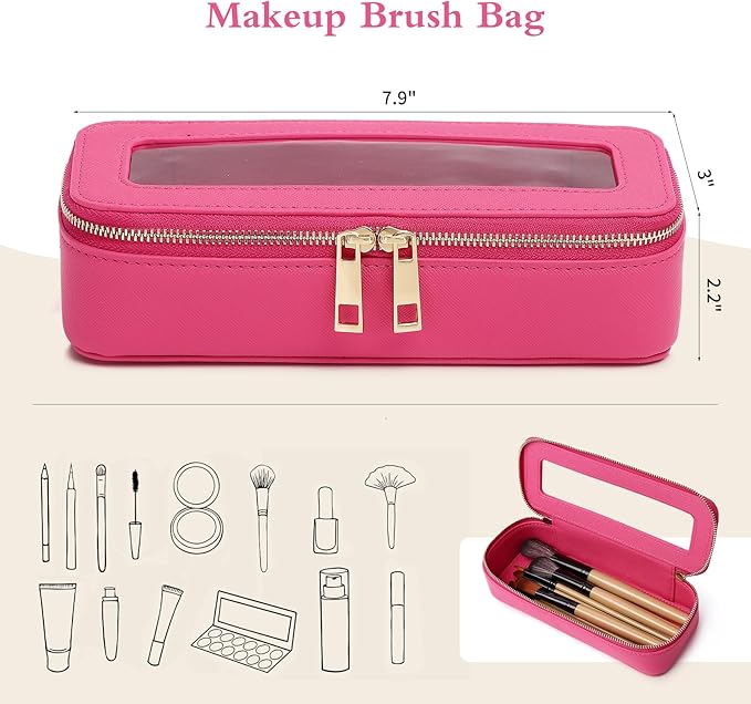 Pinkmik Makeup Brush Case Clear Travel Cosmetic & Toiletry Bag Small Makeup Bag with Zipper Purse Organizer Car Essential Bag for Women (X/Fuxia, SLIM)
