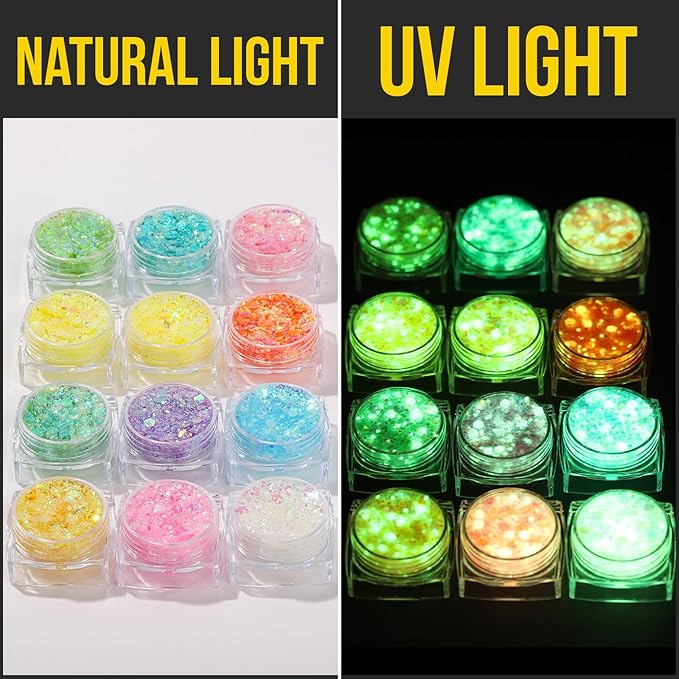 Teenitor 12 Colors Makeup Festival Face Glitter and 12 Colors Glow in The Dark Body Glitter Gel for Women, Glitter Gel for Face and Body, Hair