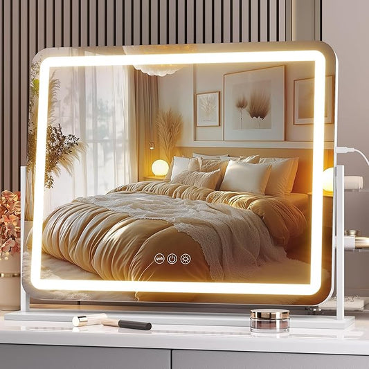Hasipu Vanity Mirror with Lights, 22" x 18" LED Makeup Mirror, Light up Mirror with Smart Touch 3 Colors Dimmable, Brightness Adjustment, 360° Rotation (White)