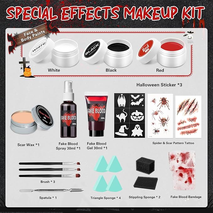 Special Effects Makeup Kit,Sfx Make up with Scar Wax,Fake Blood Spray & Gel,Clown Makeup Kit,Body Paints for Adults,All in One Halloween Make up for Zombie Cosplay Make up
