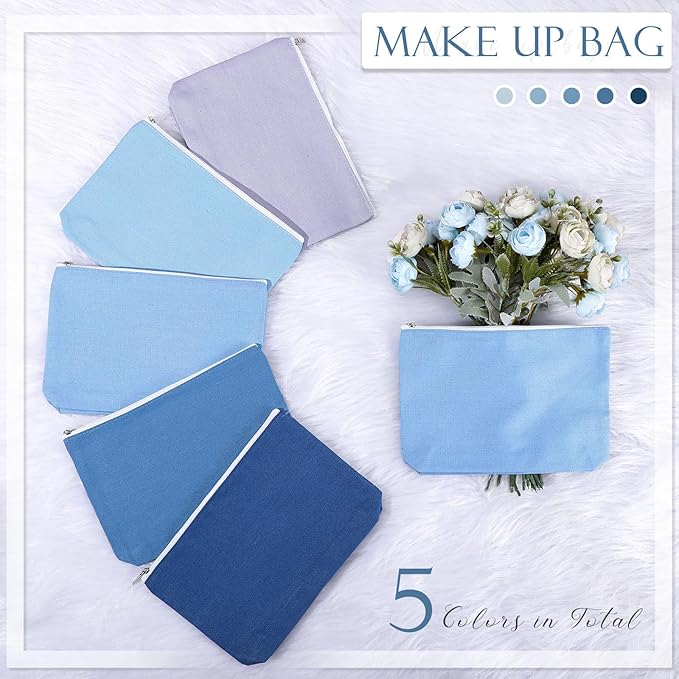 Reginary 10 Pcs Canvas Makeup Bags Bulk for Women Blank DIY Pencil Pouch Travel Toiletry Cosmetics Bags Gift for Christmas Breast Cancer Awareness Thanksgiving Wedding Nurses Teacher(Blue)