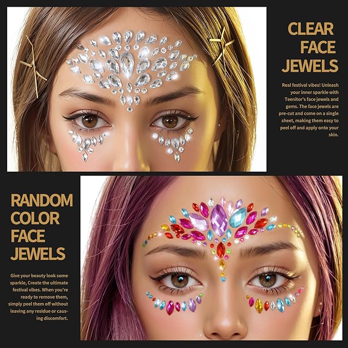 Teenitor Face Gems Festival Face Jewels Makeup Face Rhinestones, Hair Gems, Eye Gems, Body Gems, Stick On Gems for Face, Eye, Body, Hair