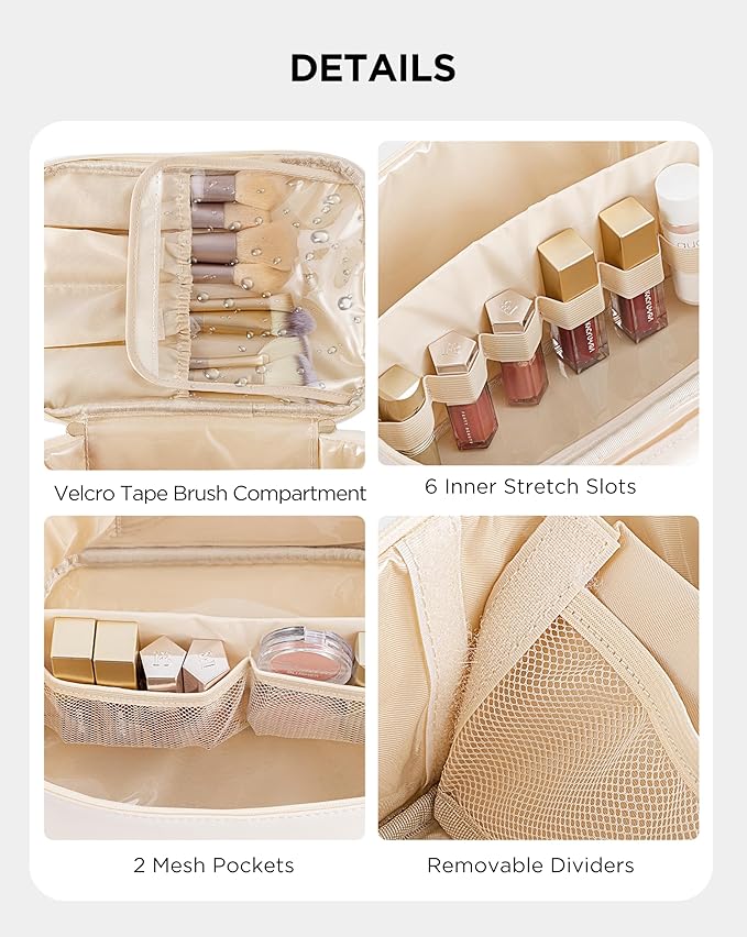 Makeup Bag for Women, Large Travel Makeup Bag Organizer, Portable Toiletry Bag, Cute Makeup Bags Waterproof Leather Cosmetic Bag Makeup Case with Removable Dividers, Beige