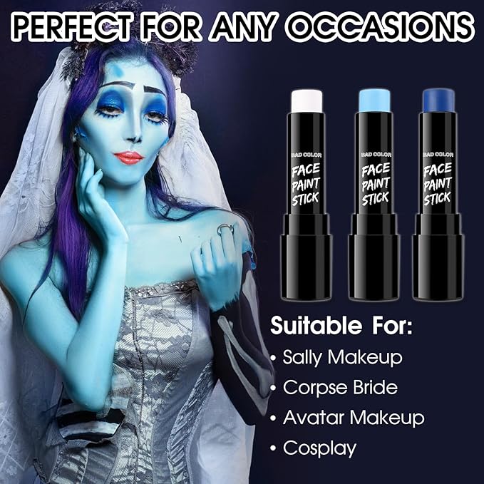 BAD COLOR 3PCS Blue White Light Blue Face Body Paint Stick Makeup for Sally/Corpse Bride SFX Cosplay & Dress Up, Full-Coverage Halloween Facepaint Makeup Kit