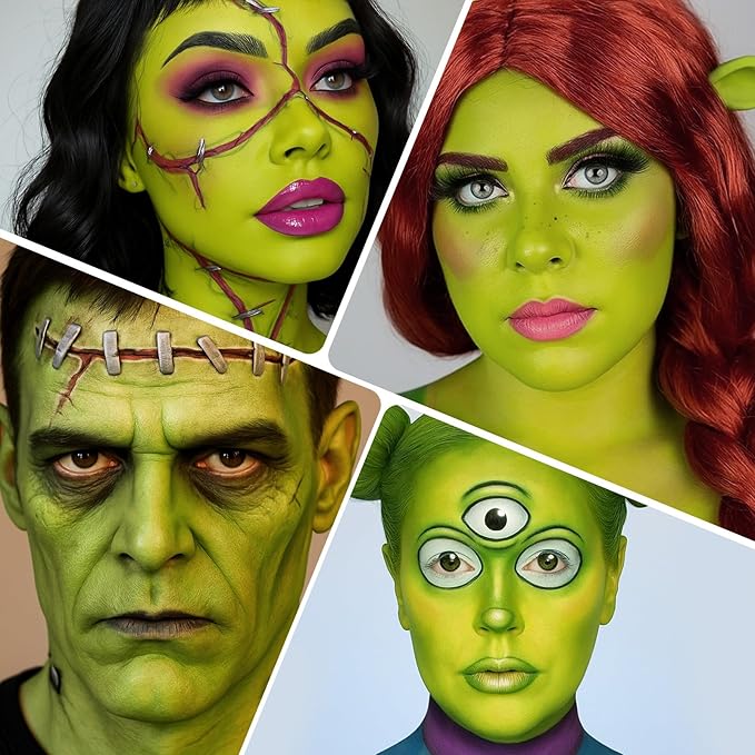 BOBISUKA Light Green & White Face Body Paint Stick Kit with Black Eyeshadow, Black Liquid Eyeliner, Setting Powder & 2 Sponges – Halloween Cosplay Makeup Set for Witch, Beetle Juice, Monster, Goblin