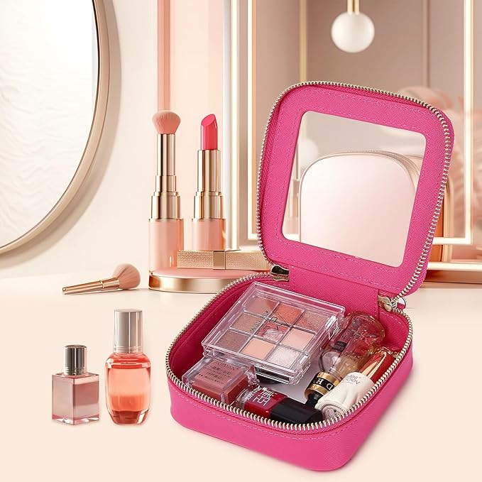 Pinkmik Small Makeup Bag Clear Mini Cosmetic Makeup Case & Toiletry Bag with Zipper Women's Purse Organizer & Car Essentials (X/Fuxia, MINI-1)