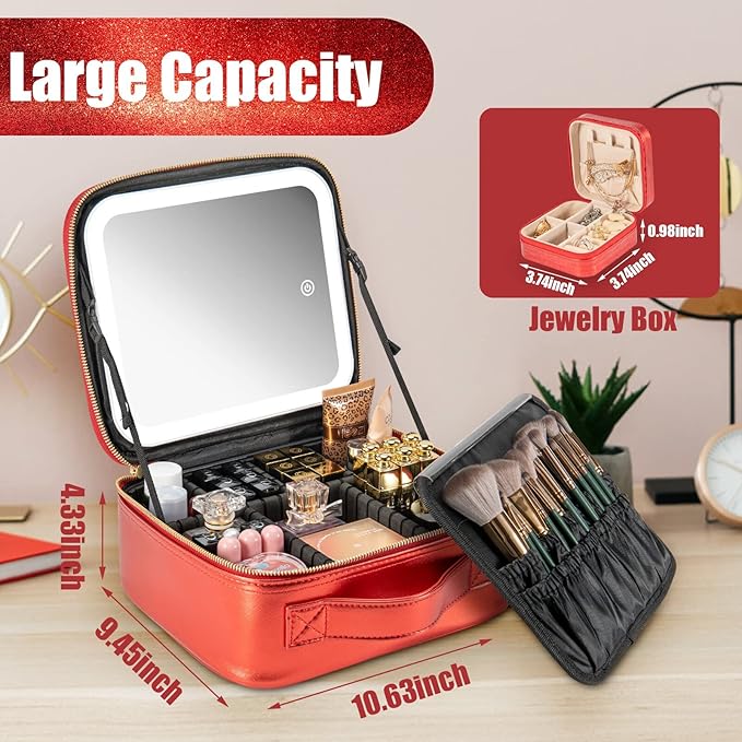 Makeup Travel Train Case with Mirror LED Light 3 Adjustable Brightness Large Cosmetic Bag Portable Storage Adjustable Partition Waterproof Brushes Make up Jewelry Gift for Women