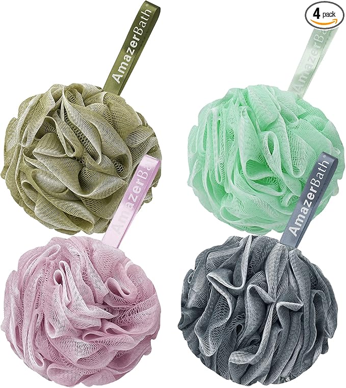AmazerBath Loofah Sponge 60g/Piece, Exfoliating Bath Sponge Body Scrubber, Loofa Set of 4 - White Grey-Pink-Army Green-Green