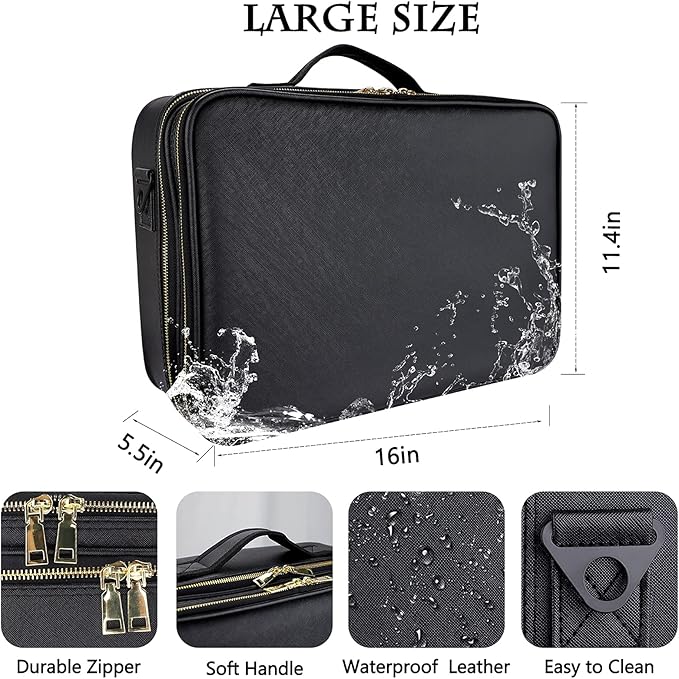 JOURMON Travel Makeup Case 3 Layers Portable Makeup Train Case Cosmetic Bag Organizer Storage for Women with Adjustable Dividers and Shoulder Strap for Toiletry Travel Accessories(Black, L)