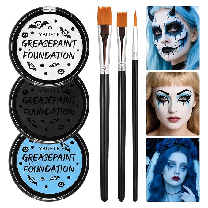 Light Blue Black White Oil Based Face Paint Kit with Painting Brushes, Professional Full Coverage Greasepaint for Adults Halloween Cosplay SFX Sally Corpse Bride Makeup Carnival Theater