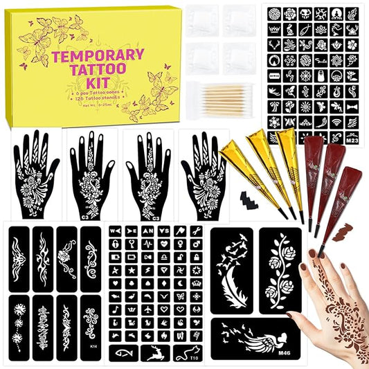 126 PCS Temporary Tattoos Stencils Kit,Temporary Tattoos Kit - 6 Pcs 2 Color(Brown Black) Ink with Gloves,DIY Body Art Painting for Women Men Adults Kids