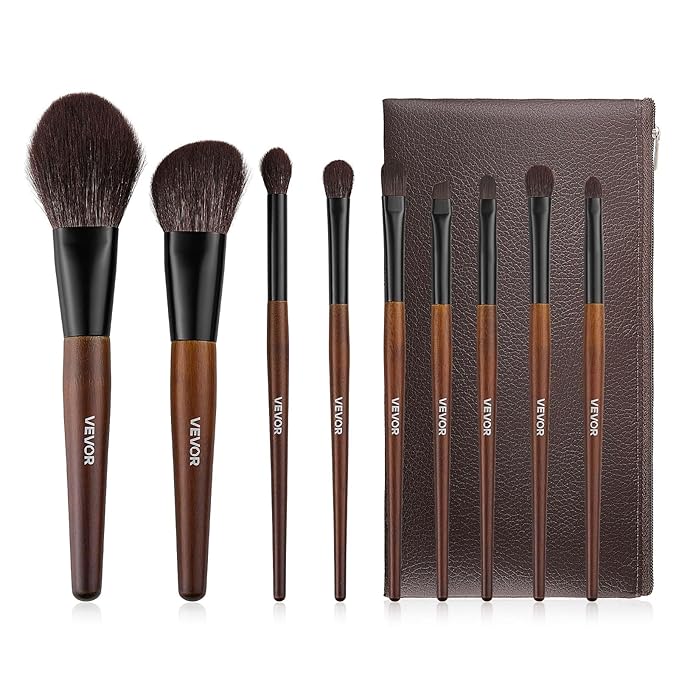 VEVOR 9-Piece Makeup Brush Set for Foundation Blending Eyeshadow, Professional Makeup Brush Kit with Soft Natural Wool & Vegan Synthetic Bristles, Ergonomic Wood Handle, Travel-Friendly Storage Bag