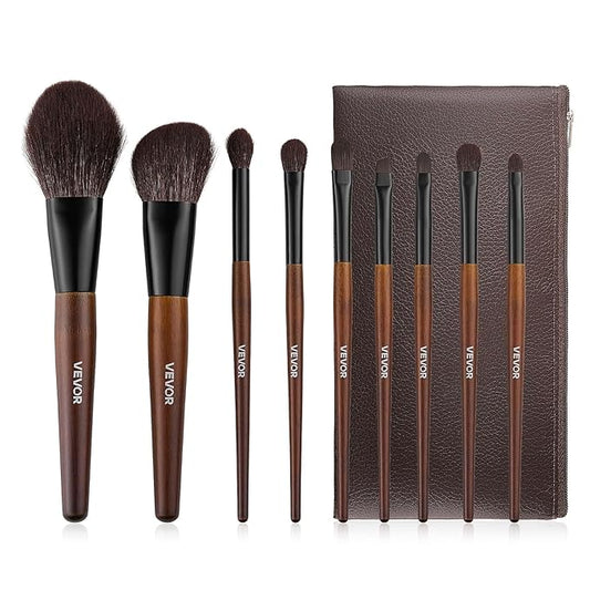 VEVOR 9-Piece Makeup Brush Set for Foundation Blending Eyeshadow, Professional Makeup Brush Kit with Soft Natural Wool & Vegan Synthetic Bristles, Ergonomic Wood Handle, Travel-Friendly Storage Bag