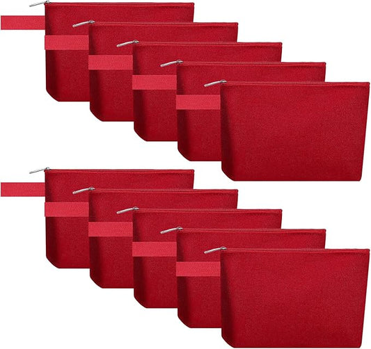 10 Pieces Cotton Canvas Makeup Bag with Bottom and Strap, Multi-Purpose Cosmetic Bag with Zipper Travel Toiletry Pouch, Blank DIY Craft Bag (Red, XS)
