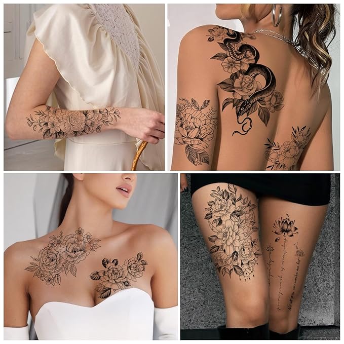 Yazhiji 49 sheets large sexy flowers collection waterproof temporary tattoos lasting fake tattoos for women and girls.