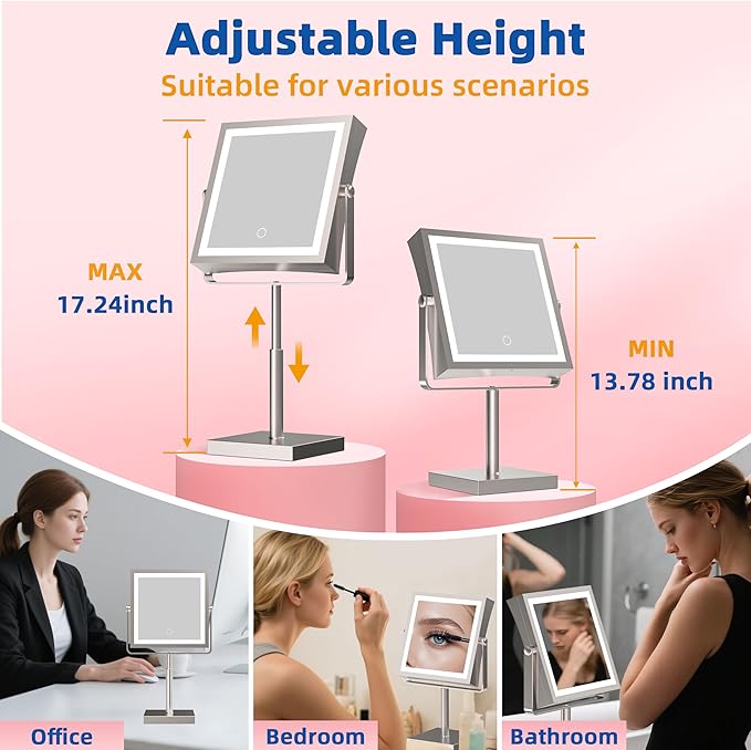 Ruacq Rechargeable Makeup Mirror, 4000mAh Lighted Makeup Mirror with Magnification1X/10X, Height Adjustable Vanity Mirror with Lights, 3 Color Lights, Adjust Brightness, 360°Rotation(Brushed Nickel)