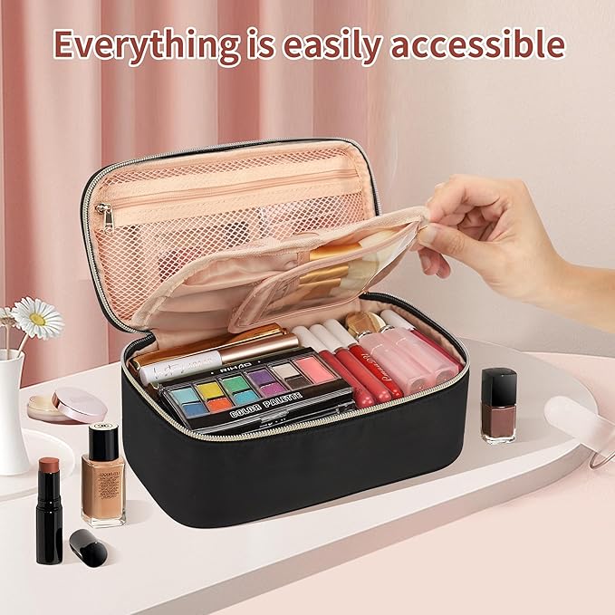 OCHEAL Small Makeup Bag with Zipper Pouch,Portable Cute Travel Makeup Bag Pouch for Women Girls Makeup Brush Organizer Cosmetics Bags with Compartment-Nylon Black