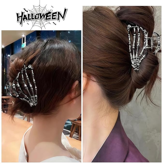Black Skeleton Hand Hair Claw Clips-Metal Black Alloy Nonslip Terror Ghost Hand Strong Hold Hair Jaw Clips Punk Gothic Catch Thick or Thin Hairs Hair Accessories-Hand