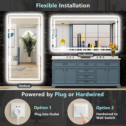 84x32 Inch LED Bathroom Mirror with Lights, Backlit & Front Lit, Anti-Fog Lighted Vanity Mirrors for Bathroom Wall, Dimmable, 3-Color Light, Memory, Shatter-Proof, Tempered Glass, ETL Listed