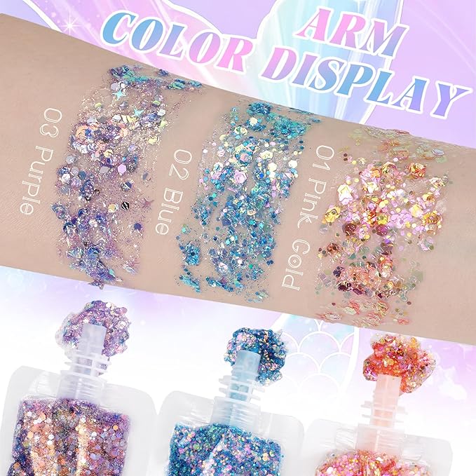 DAGEDA Pink Gold Body Glitter Gel,Sparkly Face Hair Eye Glitter Makeup,Quick-Drying Body Shimmer Holographic Sequins, Singer Concert, Festival Rave Makeup Accessories