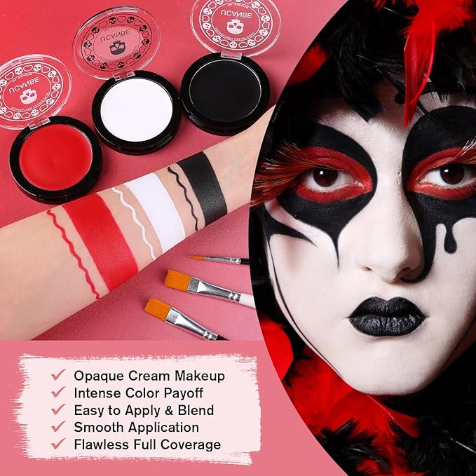 Goth White Foundation + Black Red Face Body Paint for Halloween Makeup, Face Painting Kit with Brushes Facepaint Set for Kids Adults Clown Vampire Skull SFX Make Up Costume Cosplay Party Theater Stage
