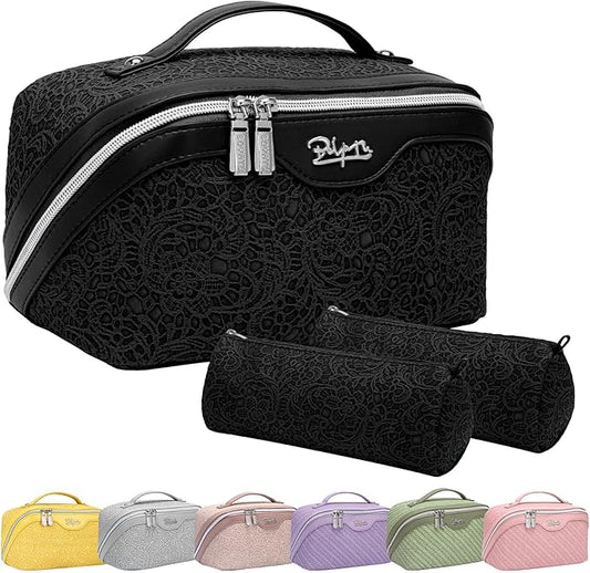 BOYATU Travel Makeup Bags for Women: Vegan Leather Cosmetic Bag Set of 3 - Large Capacity Make up Bag with Divider - Wide Open Waterproof Toiletry Organizer Bag with Handle (L12-Black)