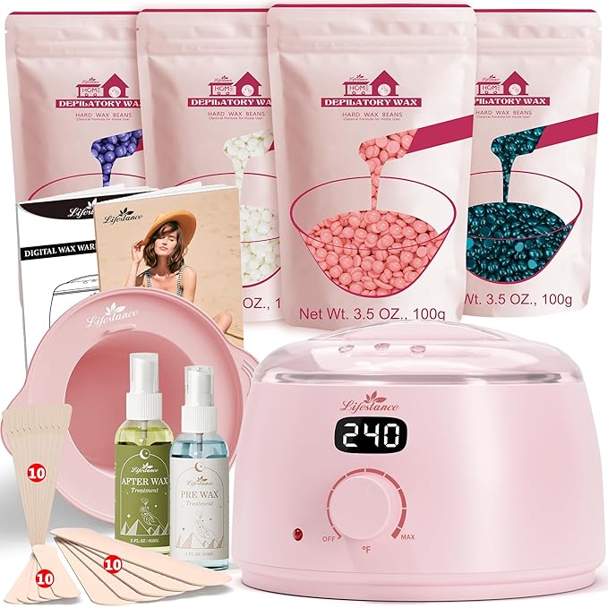 Lifestance Waxing Kit for Women & Men - Pink L2 Digital Warmer, Silicone Wax Pot Liner, Hair Removal Kit with 14.1oz Hard Wax Beads & Oil Spray, Professional for Home Brazilian Bikini Face Leg Body