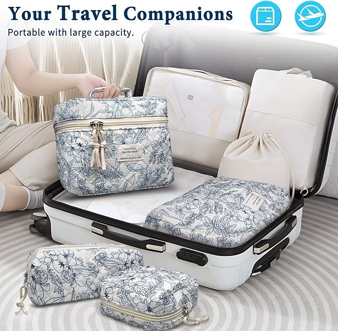 VIWIME Makeup Cosmetic Bag, Large Cotton Quilted Travel Coquette Aesthetic Cute Floral Make up Bag for Women Toiletry Bag Organizer (209 - Lao Lan/4Pcs)