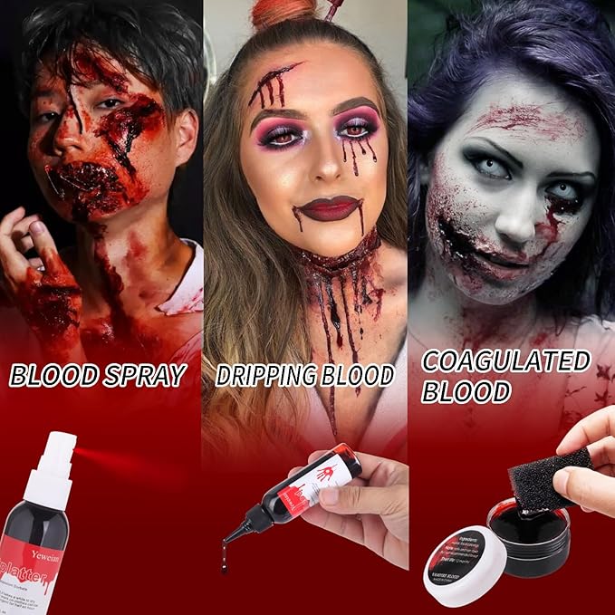 4PCS Fake Blood Makeup Kit, Washable Fake Blood Spray 2.1oz, Dripping Blood 2.1oz, Coagulated Blood 1.06oz and One Stipple Sponge, Halloween SFX Makeup for Zombie,Vampire and Monster Cosplay