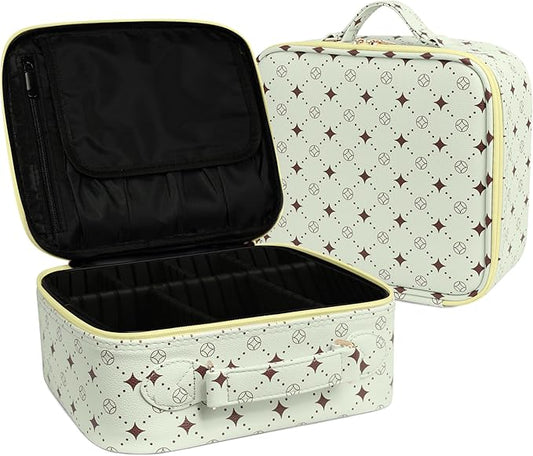 Travel Makeup Bag,Waterproof Cosmetic Organizer, Adjustable Dividers,Portability Cosmetic Train Case,Makeup organizer,Gift for Women,Girls Gift (Green+Yello)