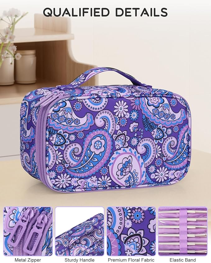 Relavel Travel Makeup Bag, Small Floral Cosmetic Bag with Makeup Brush Compartment, Portable Makeup Pouch for Women, Double Layer Cute Toiletry Organizer Bag, Purple Flower