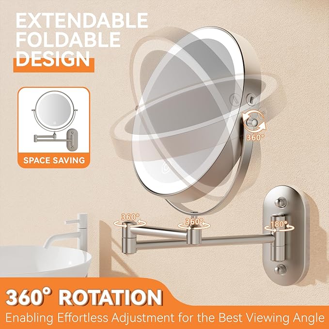1X/30X Wall Mounted Lighted Makeup Mirror, 8" 3200 mAh Rechargeable Double-Sided Magnifying Mirror, Touch Dimmable 3 Color Lights, 360° Rotating Foldable 14.5" Extension Arm, Brushed Nickel
