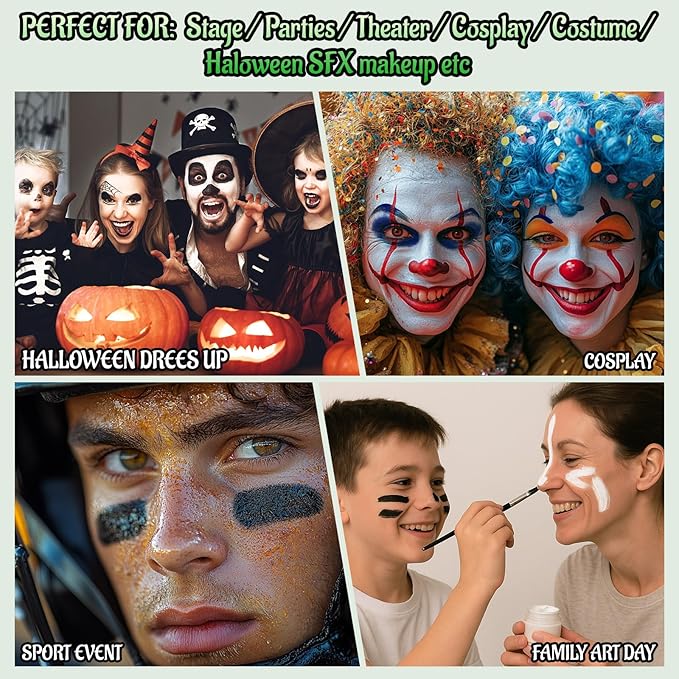 White Black Green Face Body Paint with Applicator, Oil Based Face Painting Kit for Zombie, Monster, Witch Halloween Makeup, Cosplay, Costume, SFX Special Effect and Parties - Compact, Travel Size