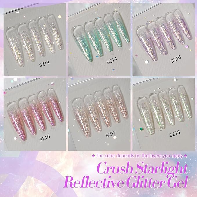 Born Pretty Reflective Glitter Gel Nail Polish, 6 Spring Light Colors Holographic Gel Polish Long Lasting Sparkly Shiny Nail Polish U V Set for Manicure and Nail Art, DIY at Home, Salon-Quality 7ml