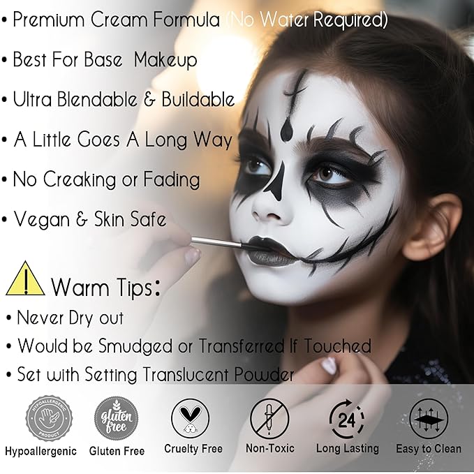 CCBeauty White Black Face Body Paint Stick, Oil Based Cream Blendable Foundation for Clown Skeleton Vampire Skull Joker Mime Cosplay Special Effects Costume , SFX Makeup For Halloween Party