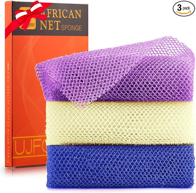 UJFQBH 3 Pieces African Bath Sponge African Net Long Net Bath Sponge Exfoliating Shower Body Scrubber Back Scrubber Skin Smoother,Great for Daily Use (Purple,Blue,Off-White)