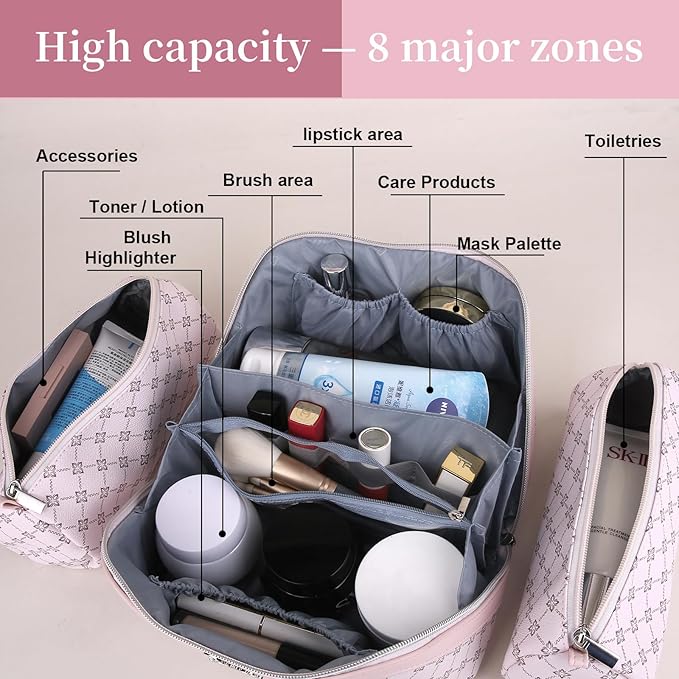 BOYATU Travel Makeup Bag Cosmetic Bags for Women: 3 Pcs Set Portable Make up Bag with Handle - Vegan Leather Toiletry Bags with Compartments - Makeup Organizer for Travel Essentials(01-Pink)